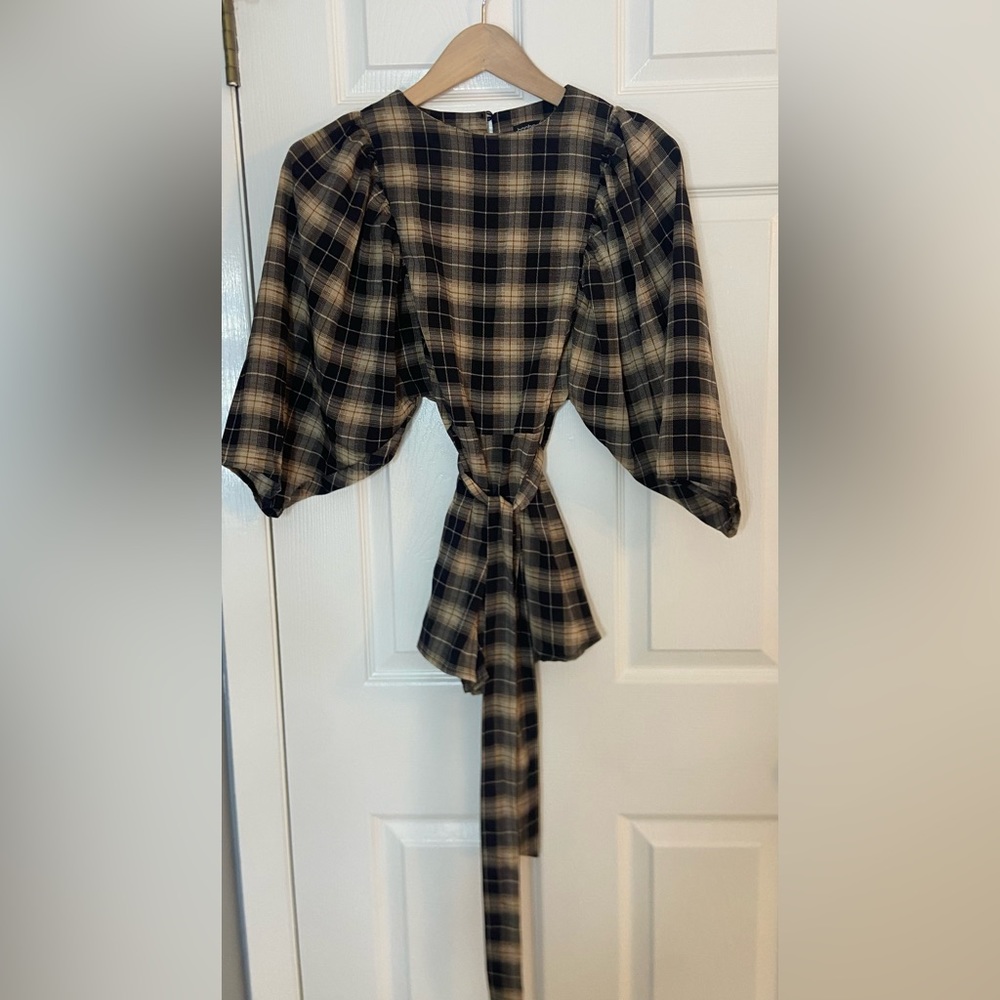 PETITE PUFF SLEEVE CHECK PLAYSUIT